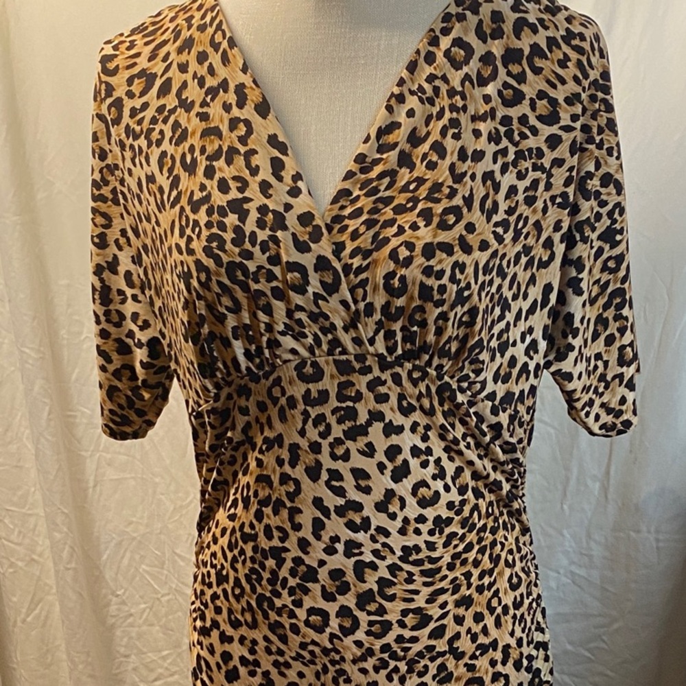 LaBelle - Y2k Leopard Print V-Neck Bodycon Midi Dress - Tan and Black - L